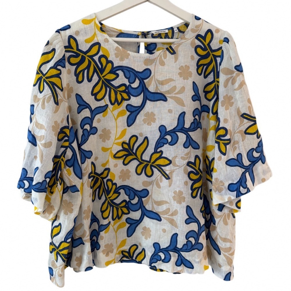 Seidensticker Women Sz 48 100% Linen Floral Blue Yellow White Short Sleeve Top
